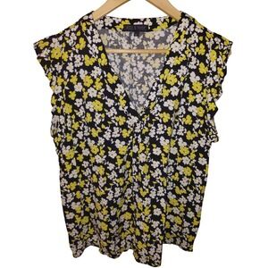 Rose & Thyme Womens XL Floral V-Neck Ruffle Cap Sleeve Blouse Black Yellow White